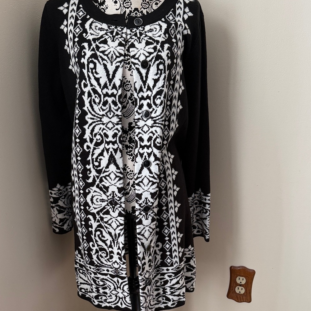 Black and White Susan Graver Jacquard Button Front Sweater